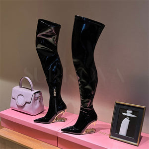 Leopard Tooth High Heel Patent Leather Over The Knee Boots