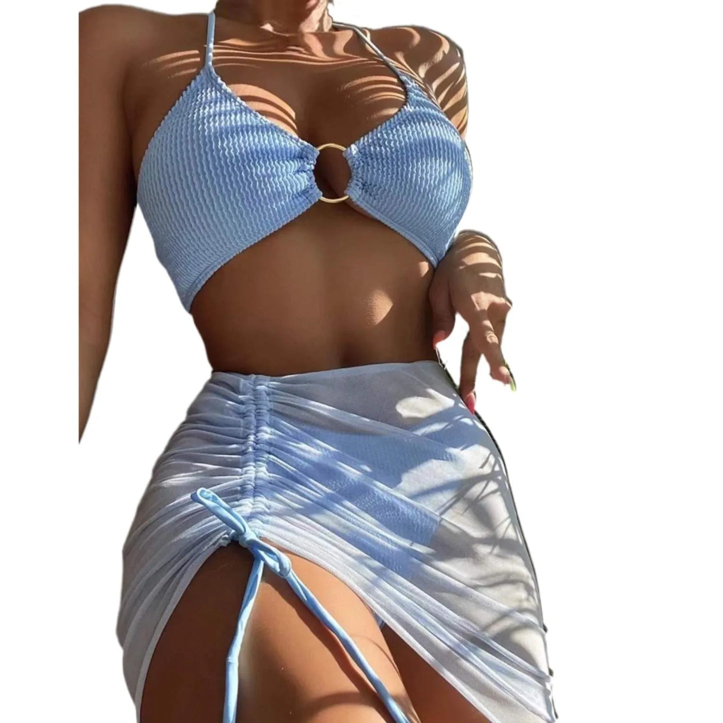 Solid Color 3Pce Bikini With Adjustable Drawstring