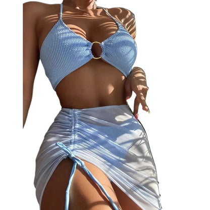 Solid Color 3Pce Bikini With Adjustable Drawstring