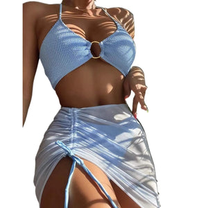 Solid Color 3Pce Bikini With Adjustable Drawstring
