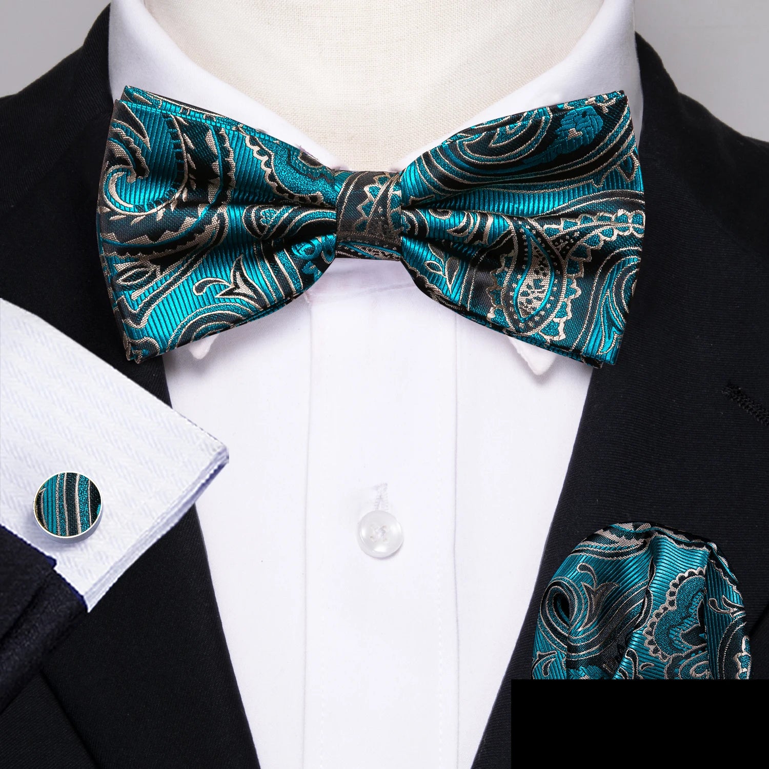 Barry.Wang Silk Bow Tie Hanky Cuffs Set