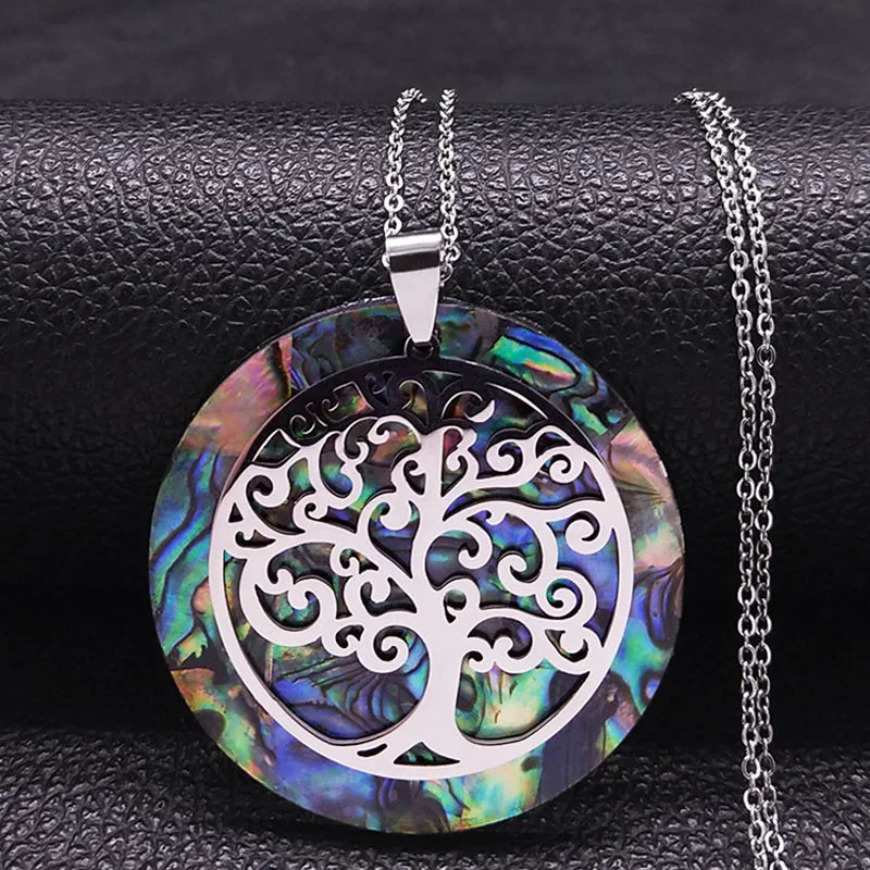 Tree of Life Stainless Steel Abalone Shell Natural Necklace Chain