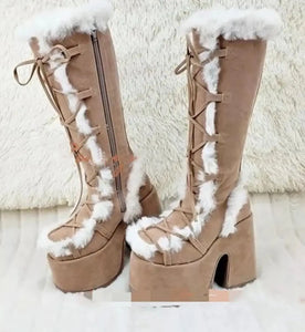 Knee-High Platform Flock Square High Heel Faux Fur Boots