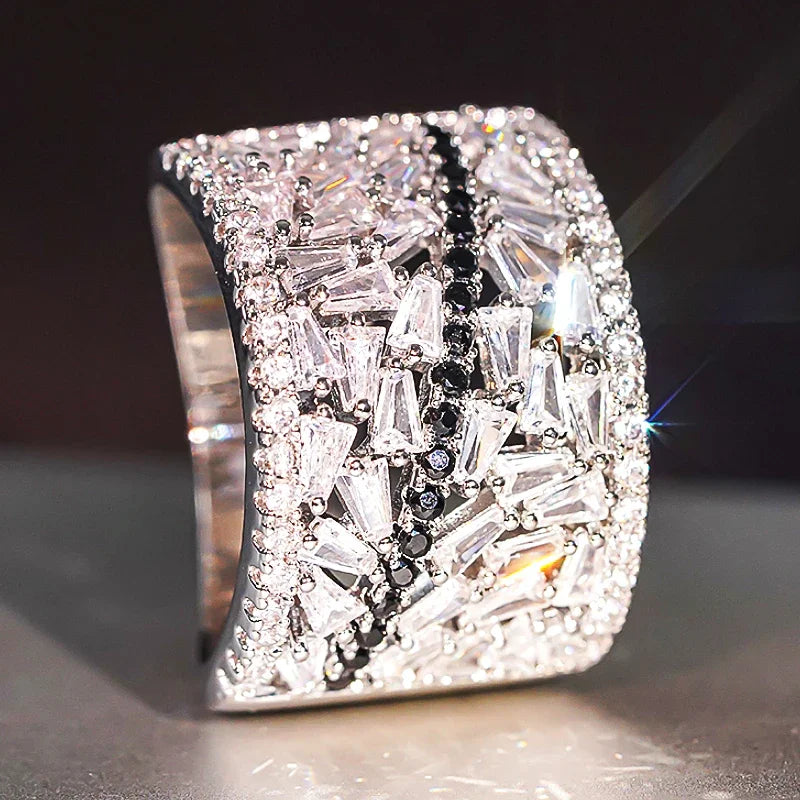 Huitan Unique Design One Line Geometric Crystal Cubic Zirconia Cocktail Ring