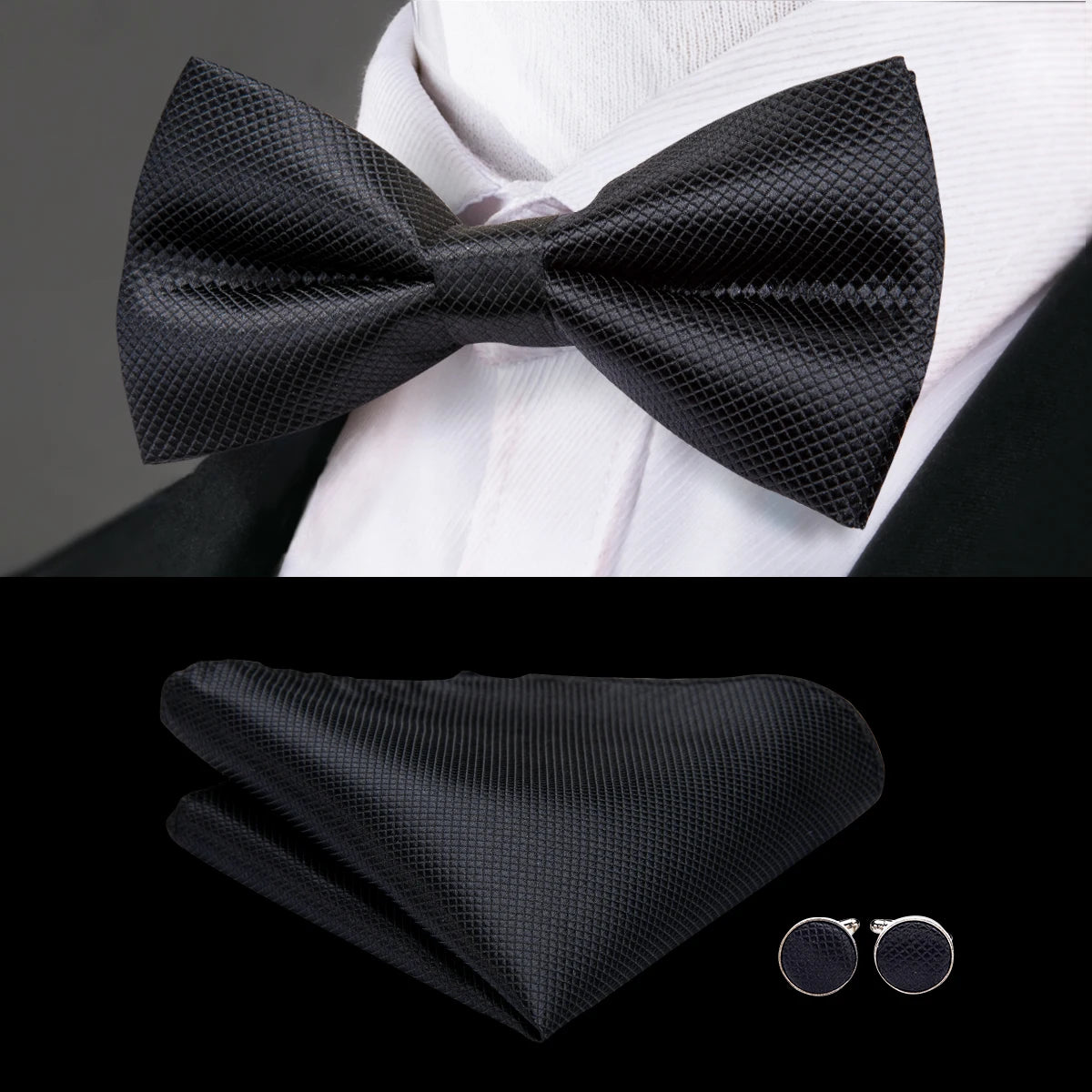 Solid Silk Bow Tie Hanky Cuff Links Set