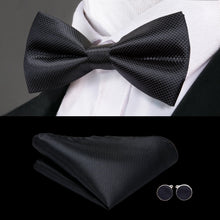 Solid Silk Bow Tie Hanky Cuff Links Set