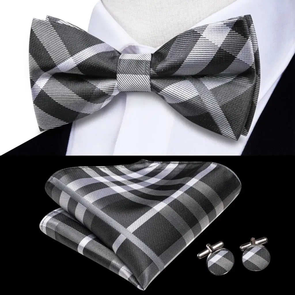Solid Silk Bow Tie Hanky Cuff Links Set