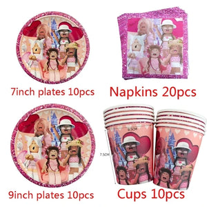 Pink Robloxed Theme Birthday Party Decorations Tableware Balloons Cups Plates Banner Backdrop Set