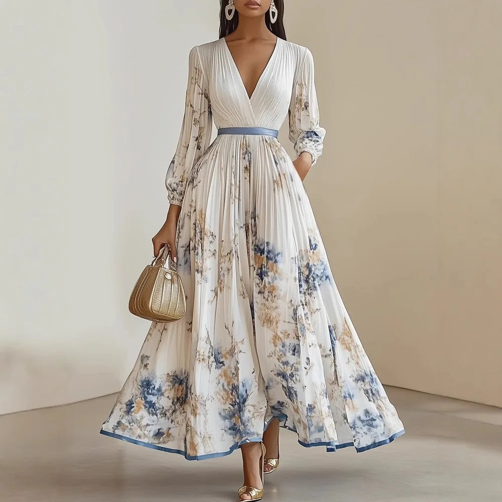 Sleeveless Floral Print High Waist A-Line Pleated Dress
