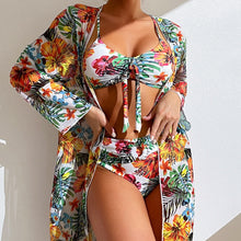 High Waist Floral Print Bikini Set With Mesh Long-Sleeved Cover Up