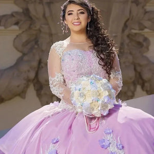 Long Sleeves Floral Pearls Sweet 16 Dress