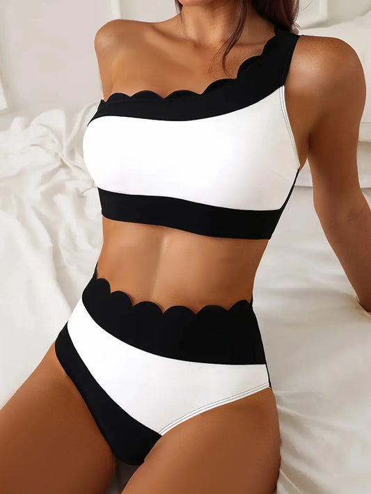 Black & White Patchwork Ruffled One Shoulder High Waist Swimsuit