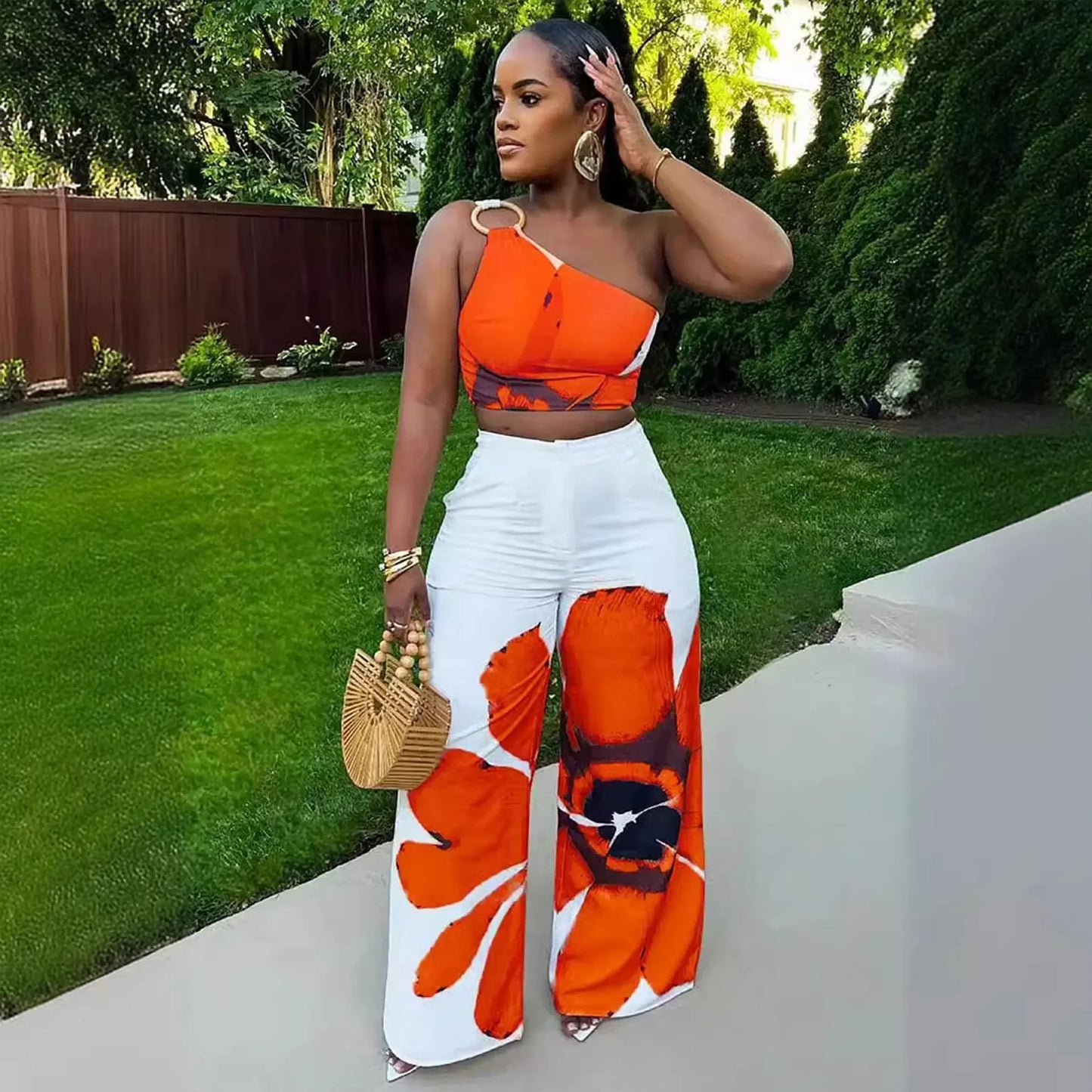 Designer Printing Single Shoulder Slim Top and Wide Leg Pants 2Pce Set