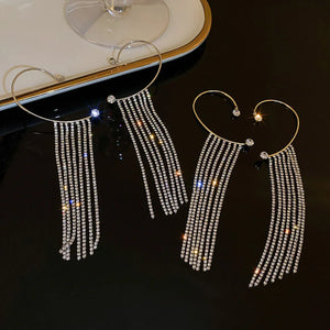 Long Tassel Crystal Chain Ear Cuff Clip Earrings