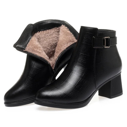 Chunky Heel Soft Leather Side Zipper Design Ankle Boots