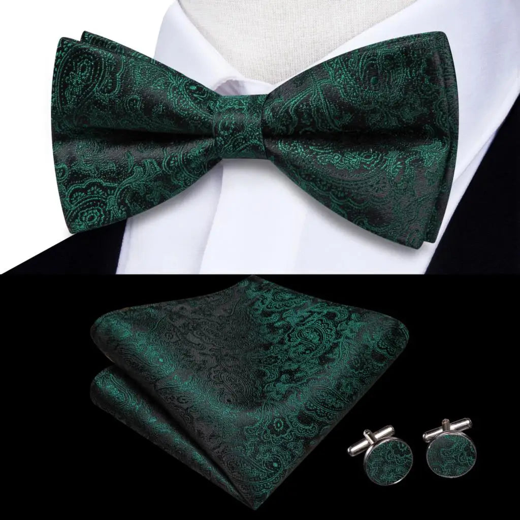 Solid Silk Bow Tie Hanky Cuff Links Set