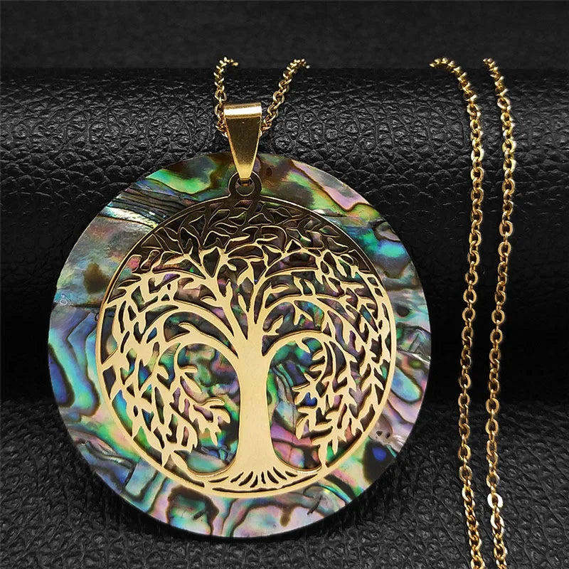 Tree of Life Stainless Steel Abalone Shell Natural Necklace Chain