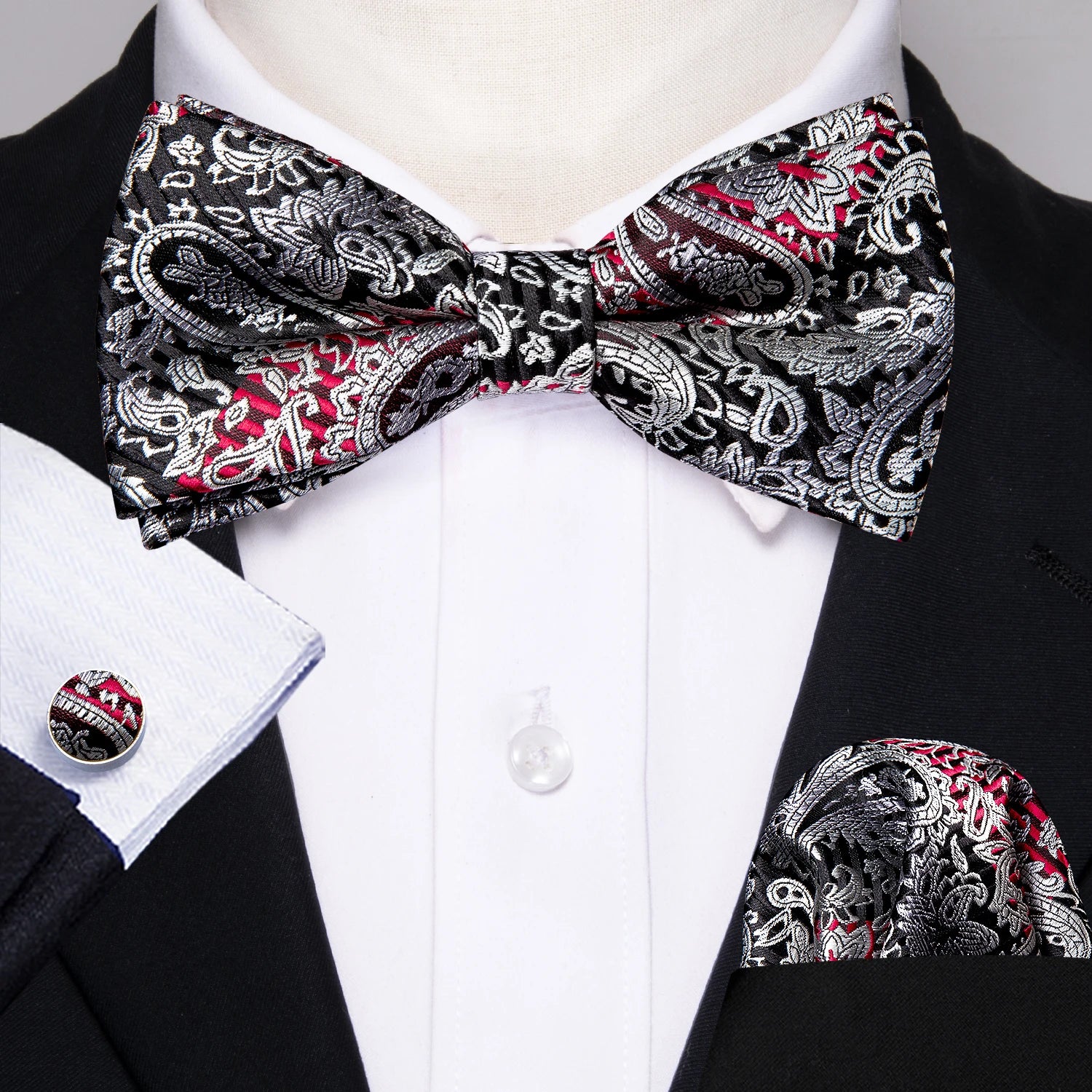 Barry.Wang Silk Bow Tie Hanky Cuffs Set