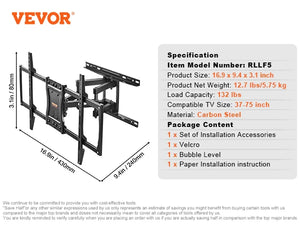 VEVOR Full Motion TV Mount Fit for Most 26-90in TVs Swivel Tilt Horizontal Adjustment