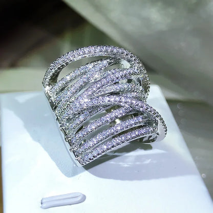 Wide 925 Sterling Silver Interweave Design Cubic Zirconia Ring