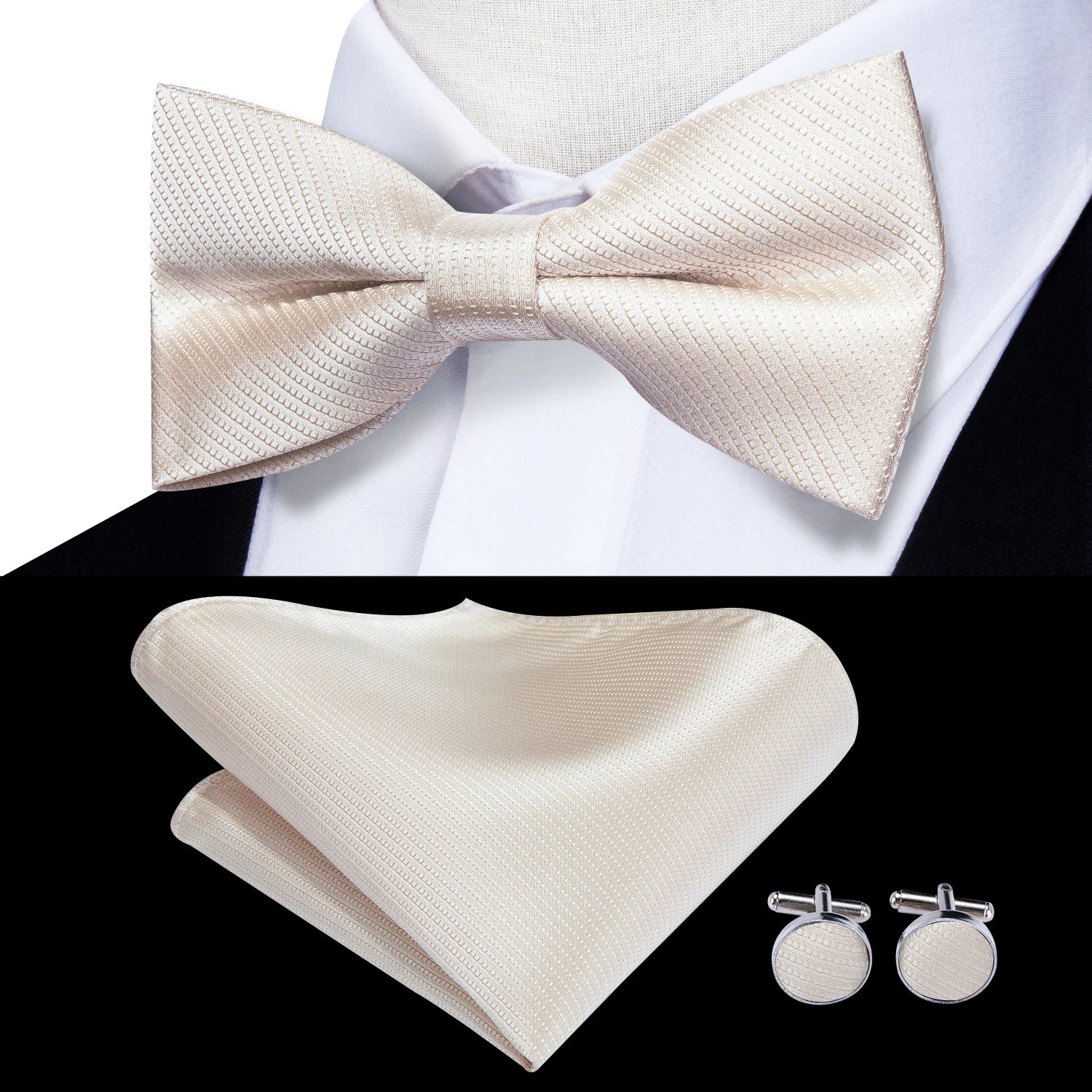 Solid Silk Bow Tie Hanky Cuff Links Set
