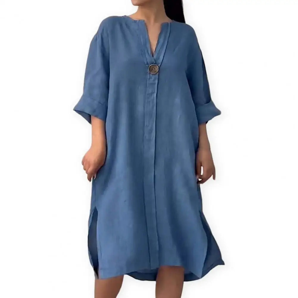 Soft Fabric Button V-neck A-line Midi Dress with Three Quarter Sleeves
