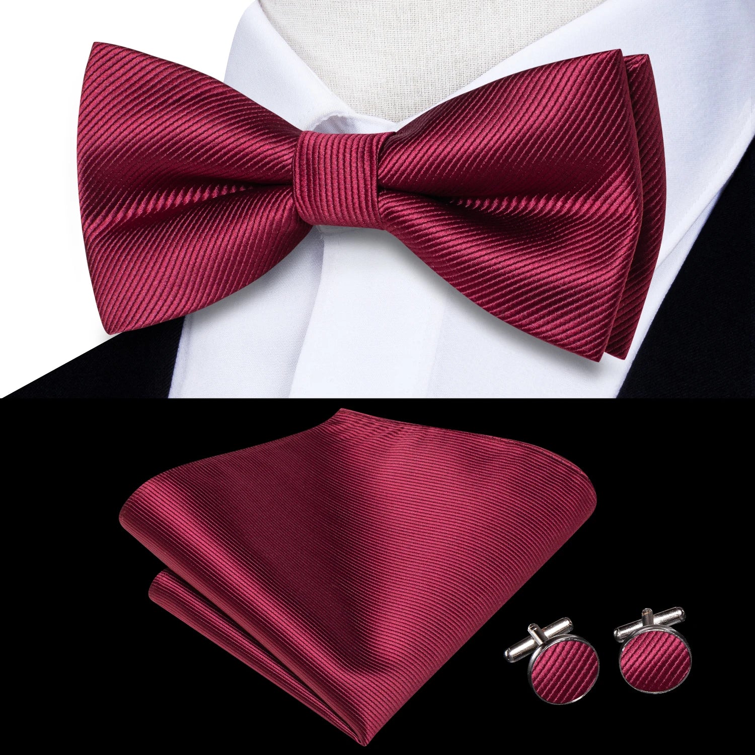 Solid Silk Bow Tie Hanky Cuff Links Set