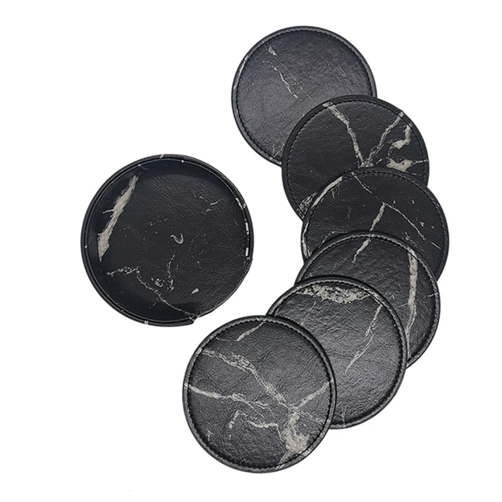6-Pcs Artificial Leather Marble Style with Holder Drink Coasters