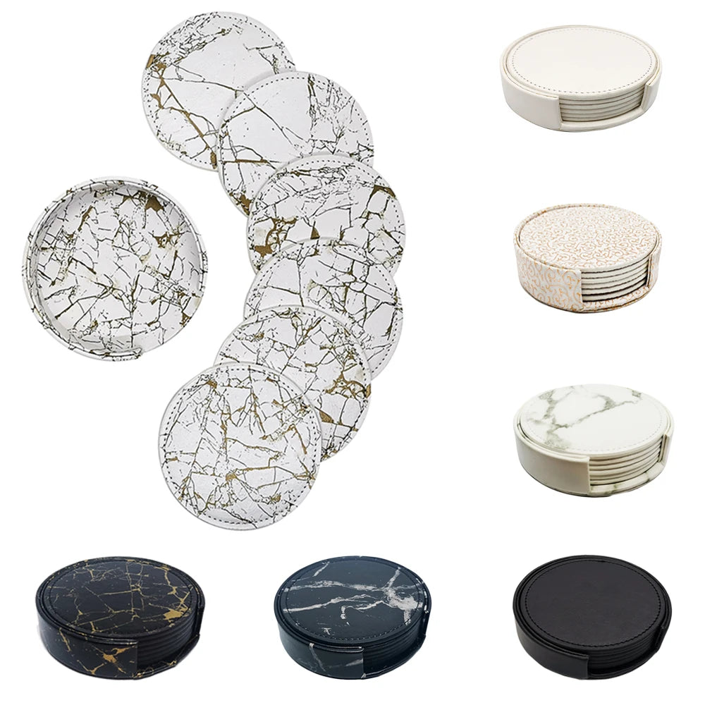 6-Pcs Artificial Leather Marble Style with Holder Drink Coasters