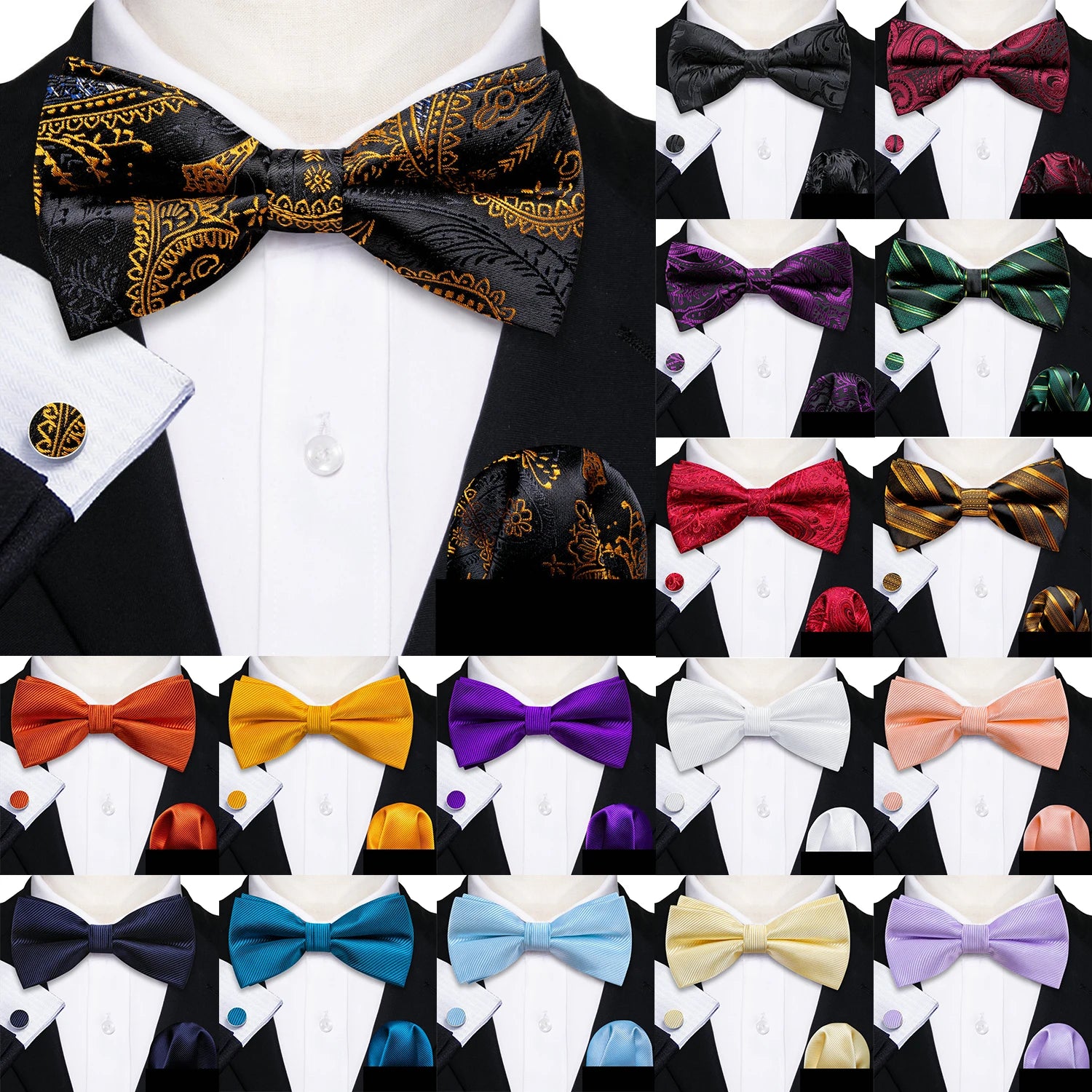Barry.Wang Silk Bow Tie Hanky Cuffs Set