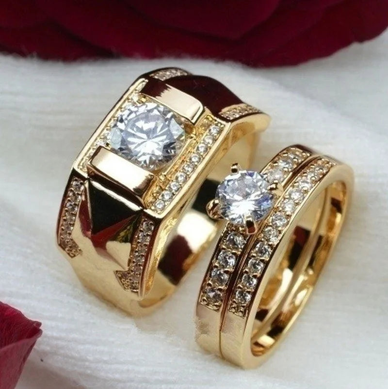 Luxury Metal Carving Inlaid Zircon Stone Couple's Bridal Set