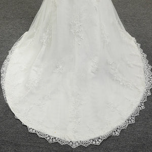 Long Train Lace Appliqued Strapless Slim-Line Sleeveless Wedding Dress