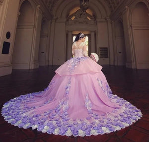 Long Sleeves Floral Pearls Sweet 16 Dress