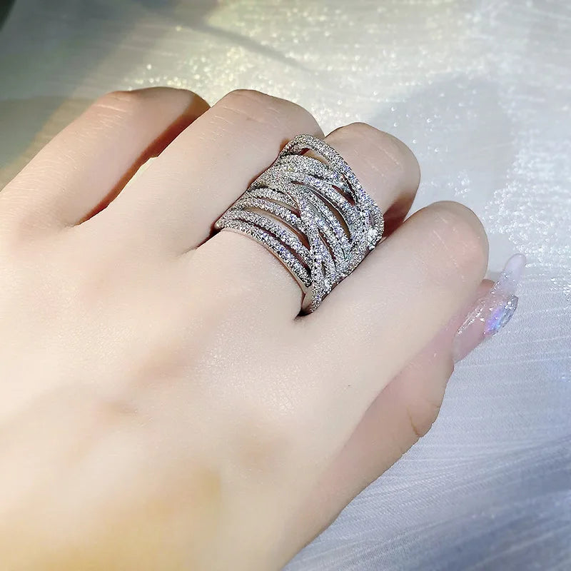 Exaggerated 925 Sterling Silver Stackable Cross Inlaid Full Zircon Ring