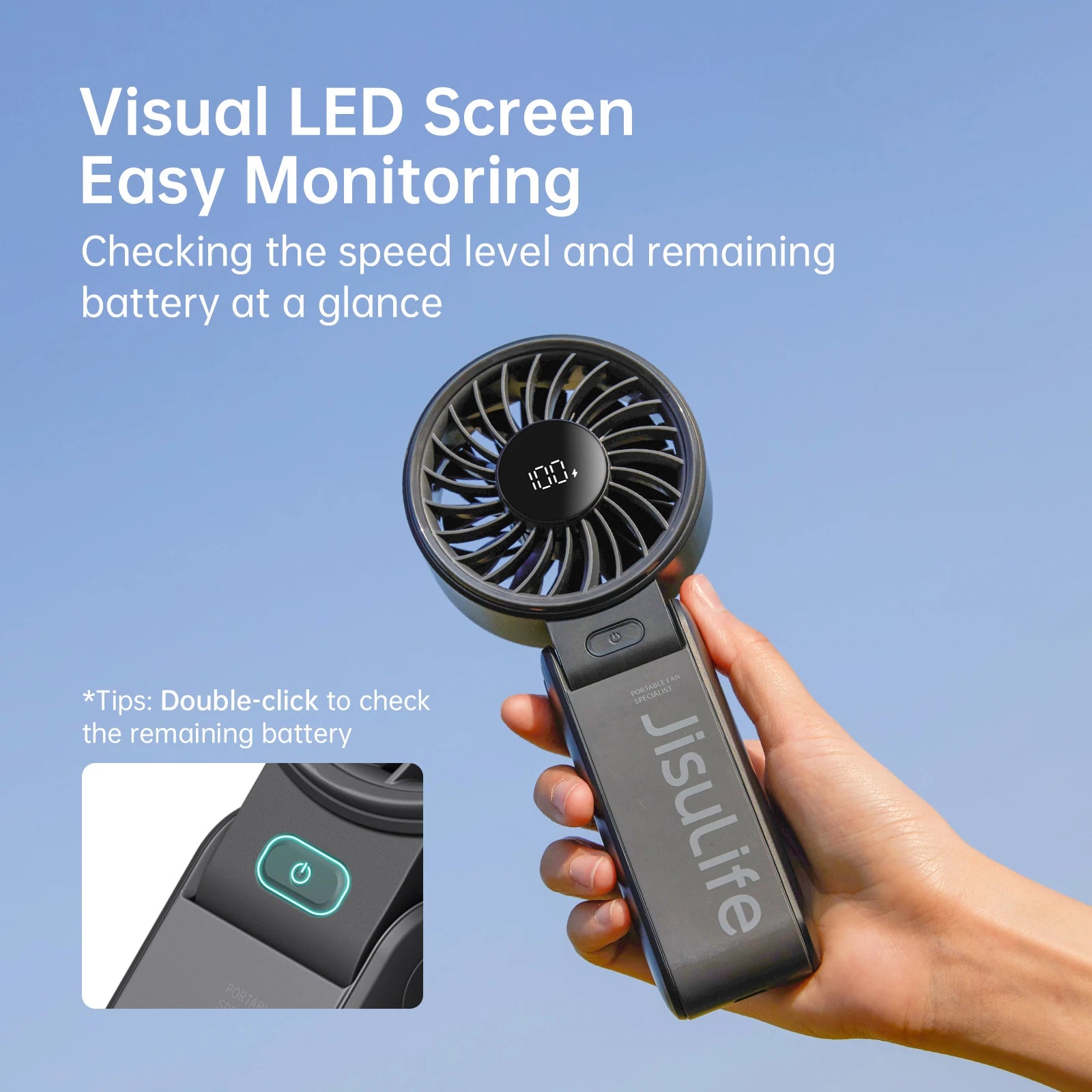 JISULIFE Portable Handheld Fan with LED Display 5 Speed