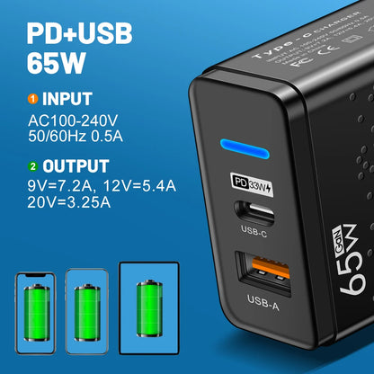 65W USB C Charger PD QC 3.0 Type C USB Fast Charging Wall Adapter For iPhone
