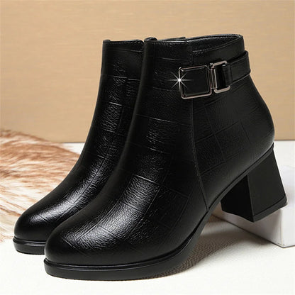 Chunky Heel Soft Leather Side Zipper Design Ankle Boots