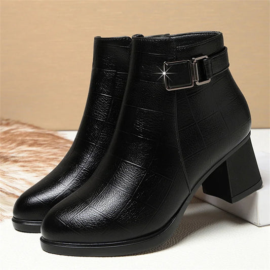 Chunky Heel Soft Leather Side Zipper Design Ankle Boots