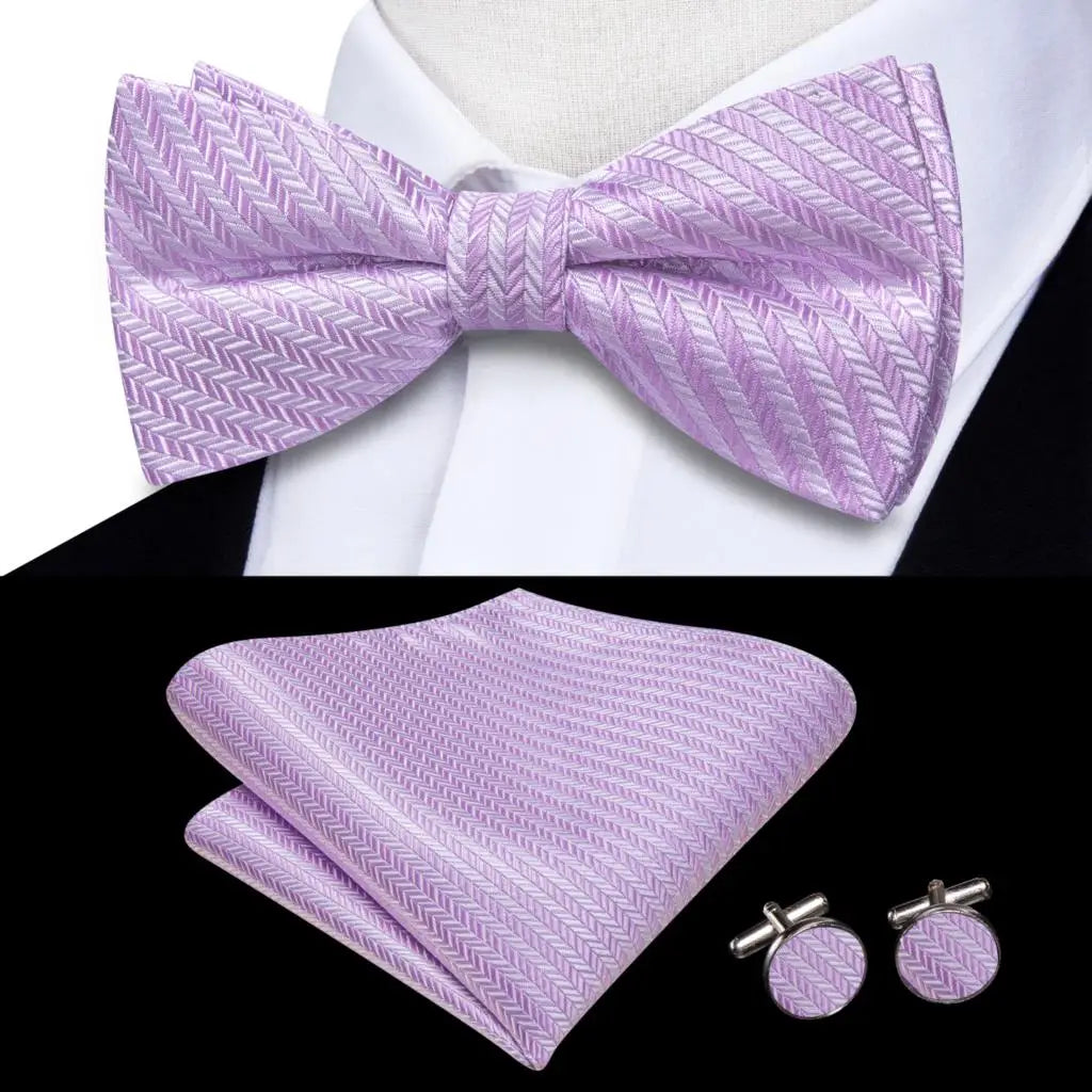 Solid Silk Bow Tie Hanky Cuff Links Set