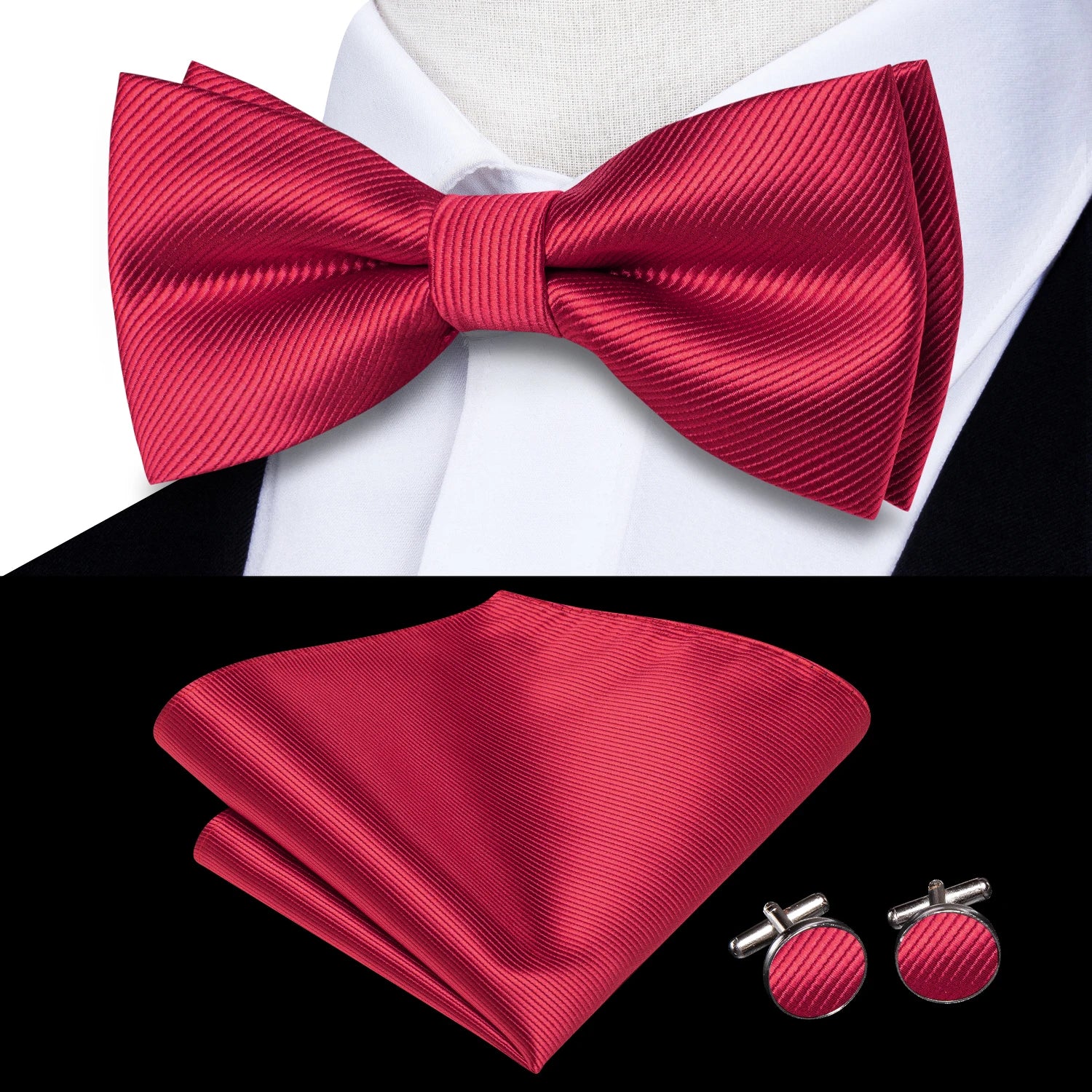 Solid Silk Bow Tie Hanky Cuff Links Set