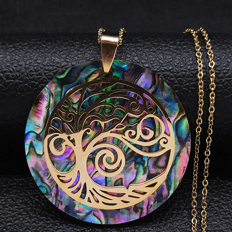 Tree of Life Stainless Steel Abalone Shell Natural Necklace Chain