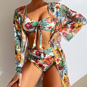 High Waist Floral Print Bikini Set With Mesh Long-Sleeved Cover Up