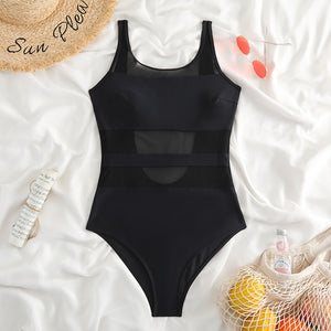 One Piece Mesh Stomach Solid Color Bathing Suit