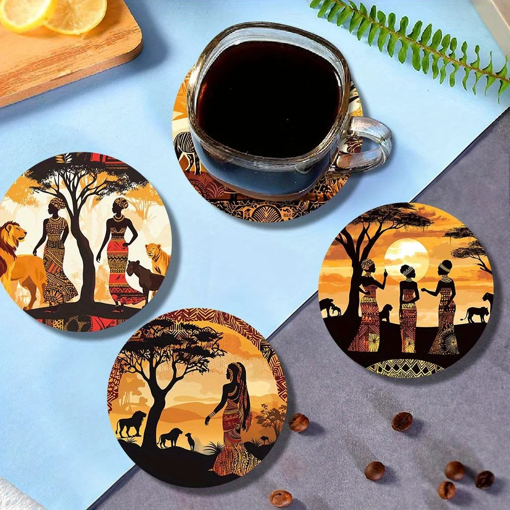 6 Pack African Tribal Style Wooden Coaster with Cork Mat
