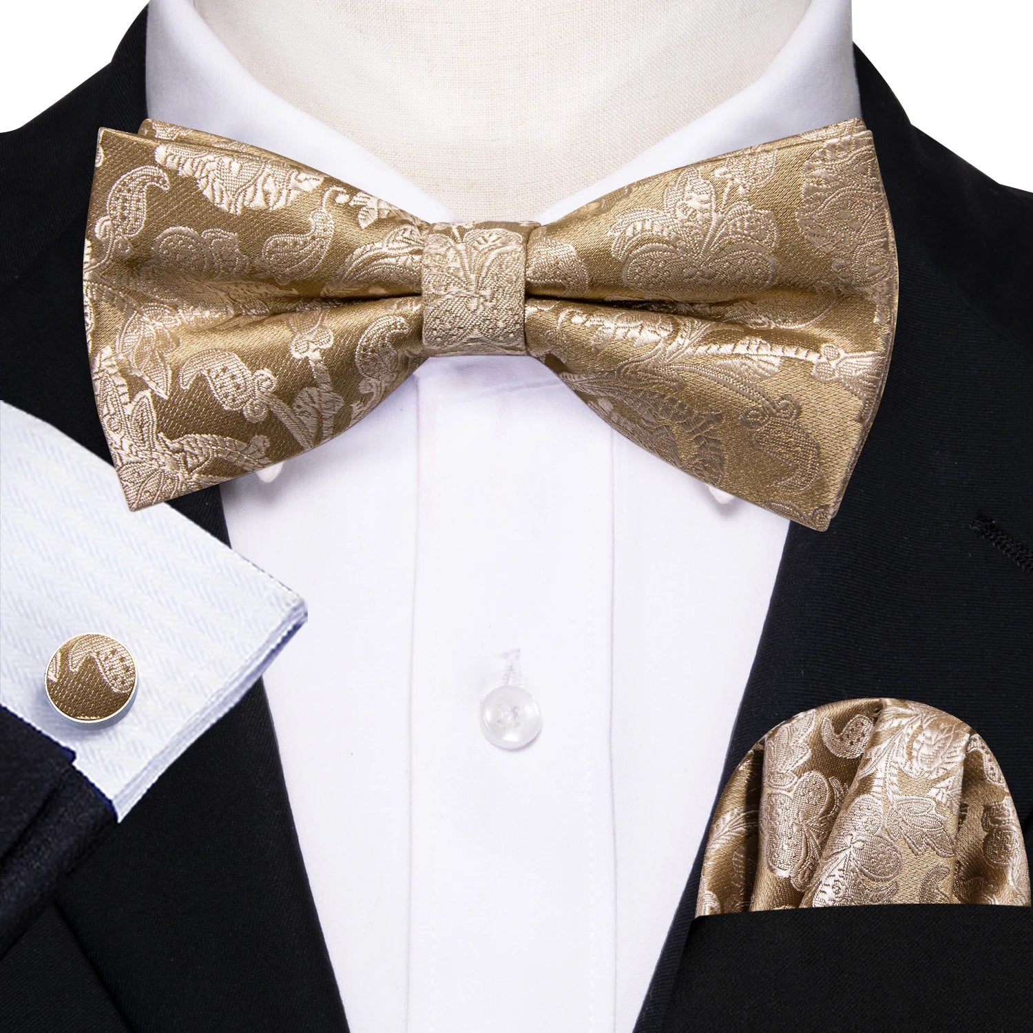 Barry.Wang Silk Bow Tie Hanky Cuffs Set