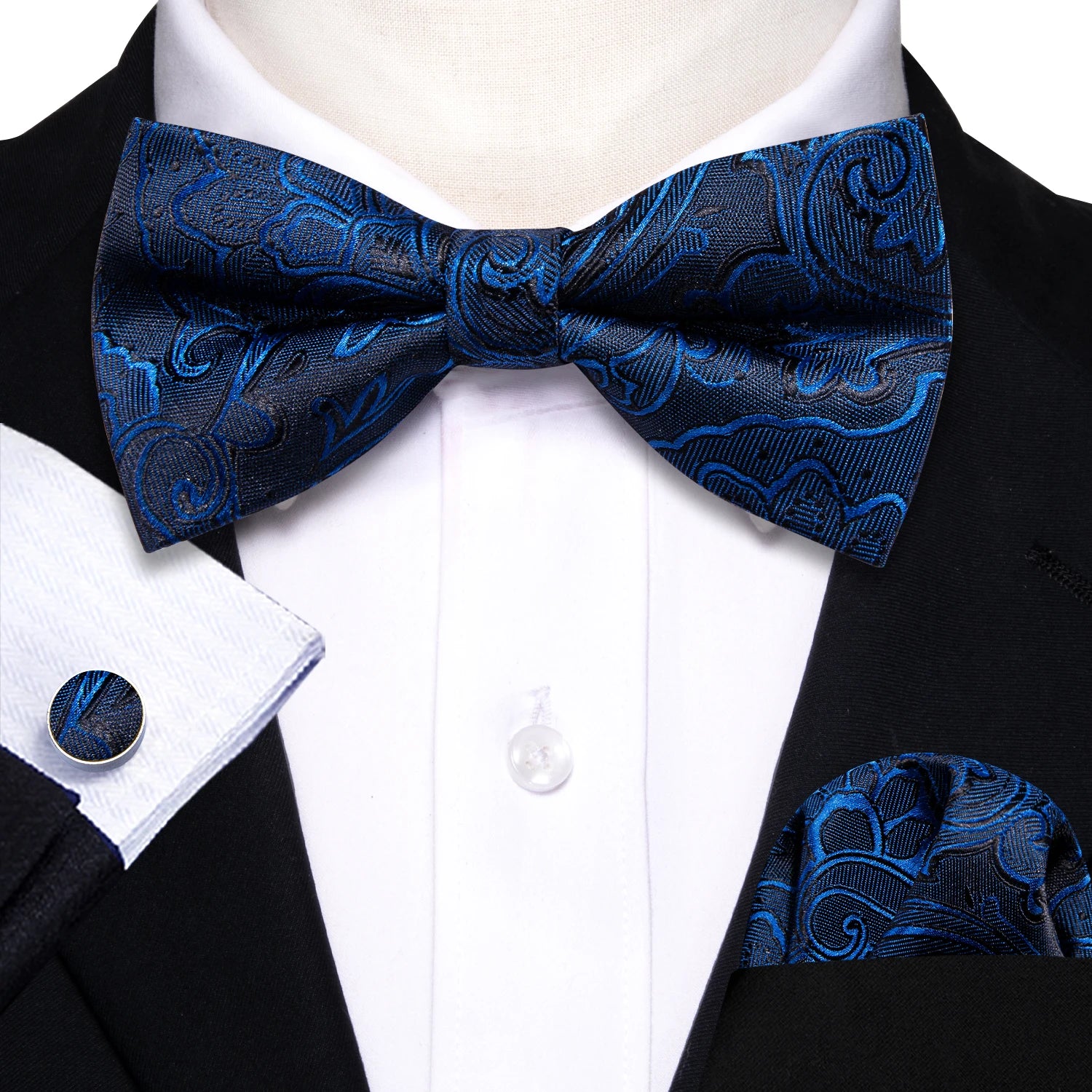 Barry.Wang Silk Bow Tie Hanky Cuffs Set