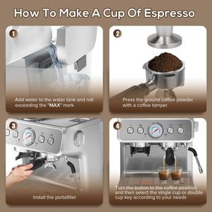 15 Bar Semi-Automatic Espresso/Coffee Machine with Conical Burr Grinder and Steam Wand