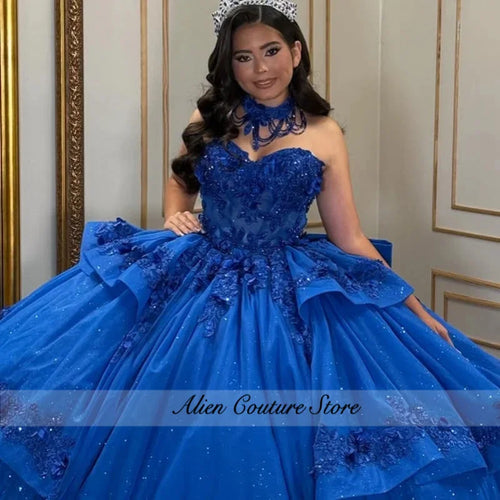 Lace Layering Glitter Decal Long Tail 3D Flower Bow Quinceanera Dress