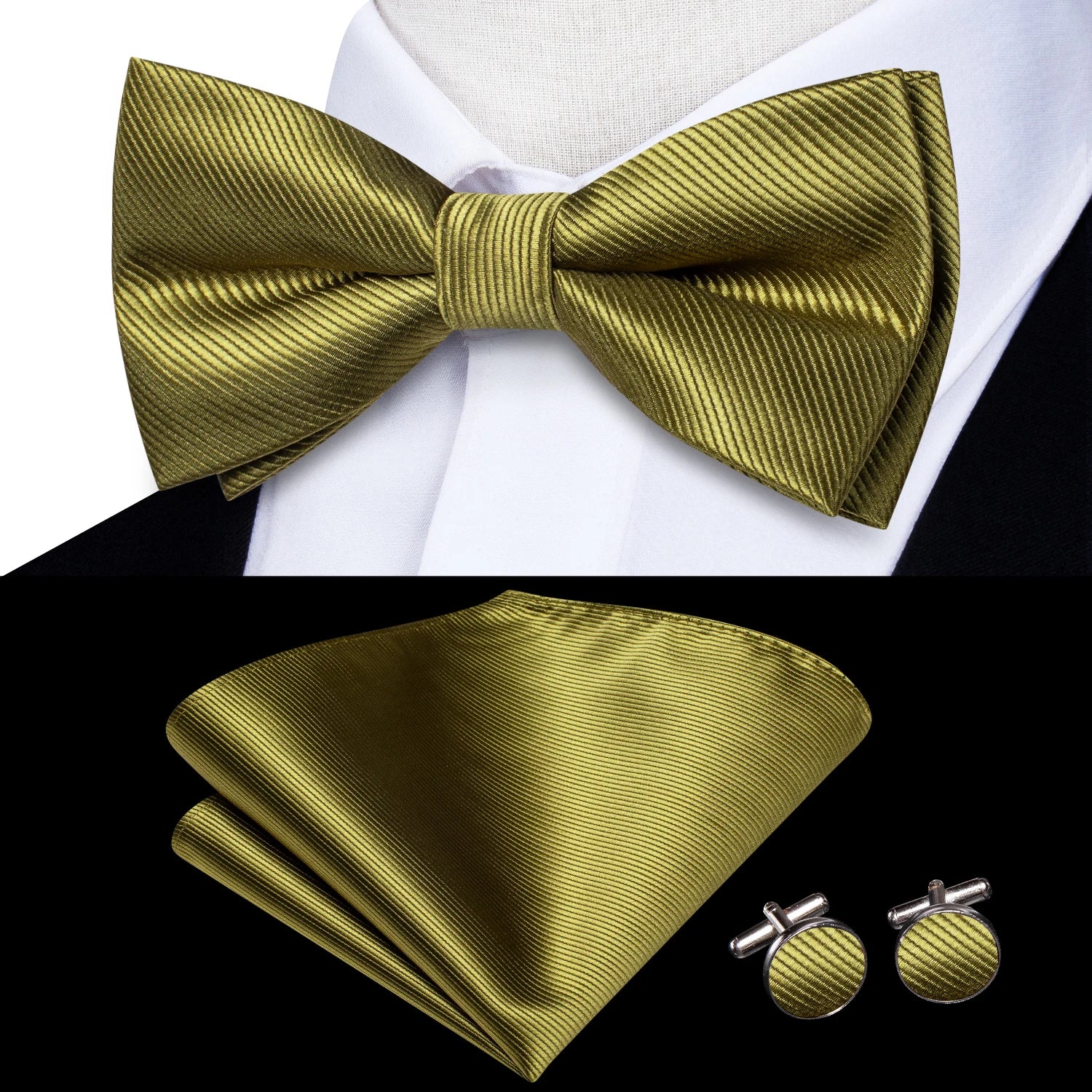Solid Silk Bow Tie Hanky Cuff Links Set