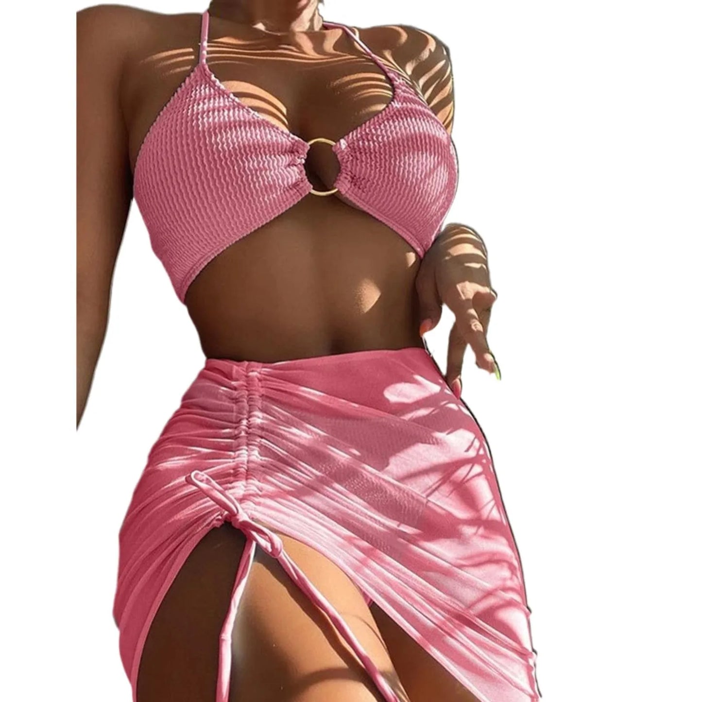 Solid Color 3Pce Bikini With Adjustable Drawstring